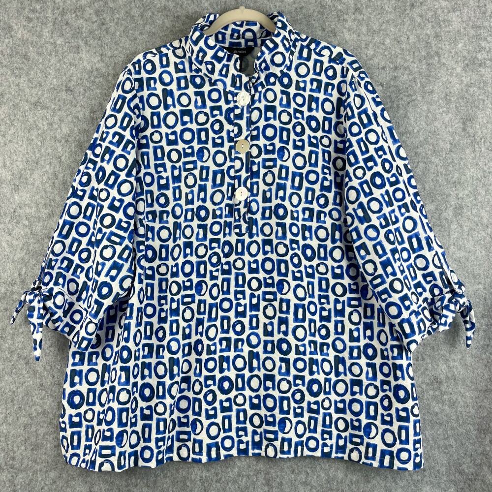 Ali Miles Tunic Top Womens 2X Blue Geometric Wired Collar Relaxed Artsy Coastal